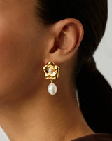 Eny Puffy Daisy Pearl Drop Earrings | 18ct Gold Plated/Pearl