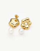 Eny Puffy Daisy Pearl Drop Earrings | 18ct Gold Plated/Pearl