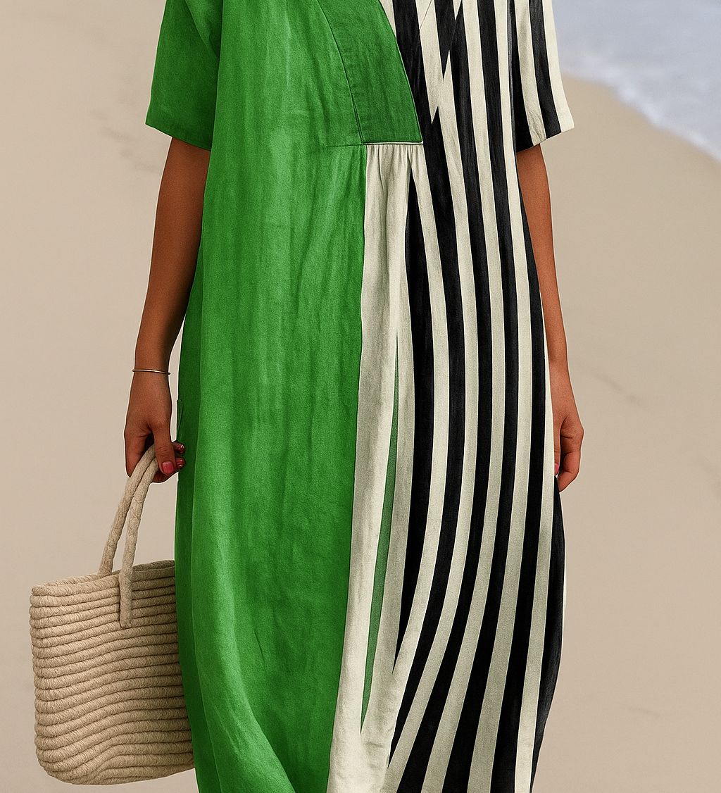 Noémia – Robe Verte Vibrante à Rayures Noires