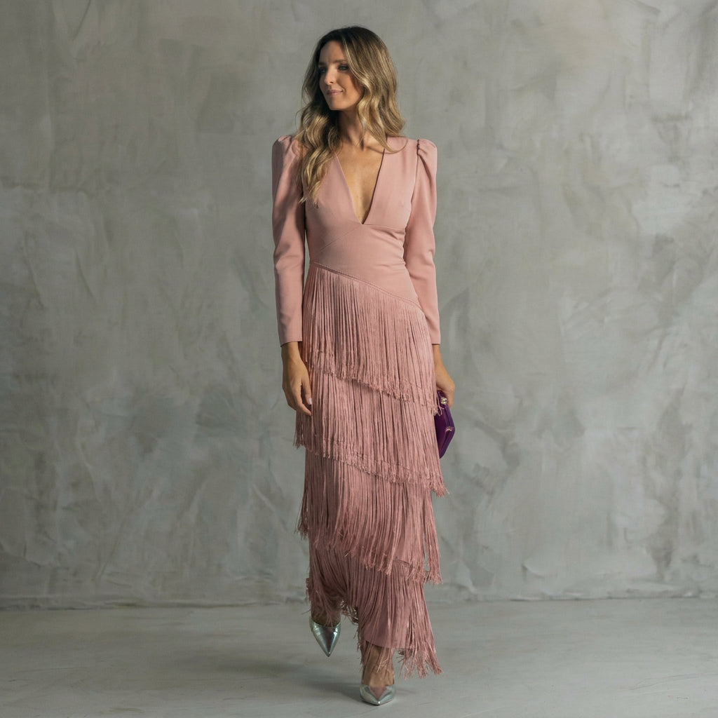 Gabriela – Robe Longue à Franges et Décolleté en V